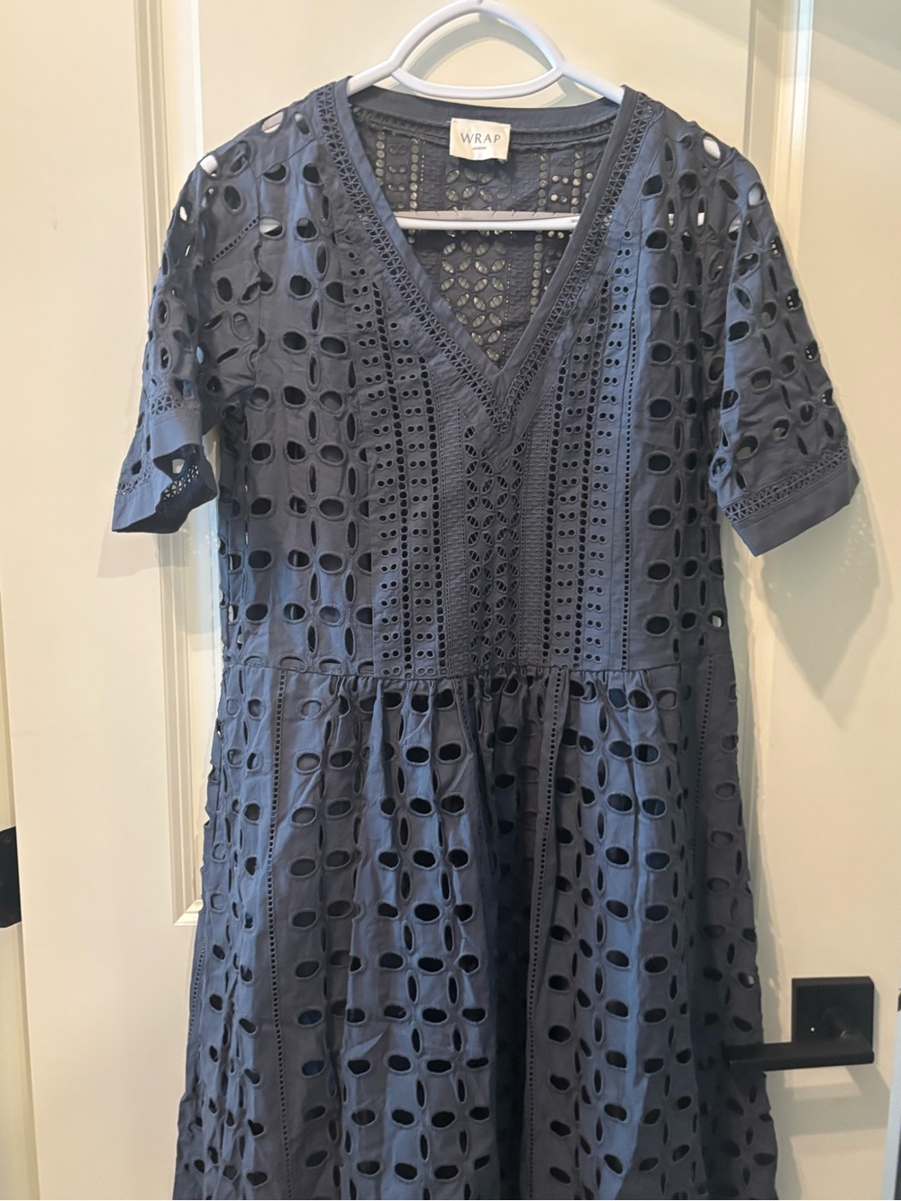 Wrap London Blue / Gray Eyelet V-Neck Midi Dress with Liner Size 4.
